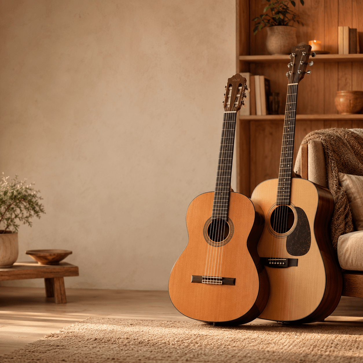 Klassieke gitaar en western gitaar in een warme kamer
